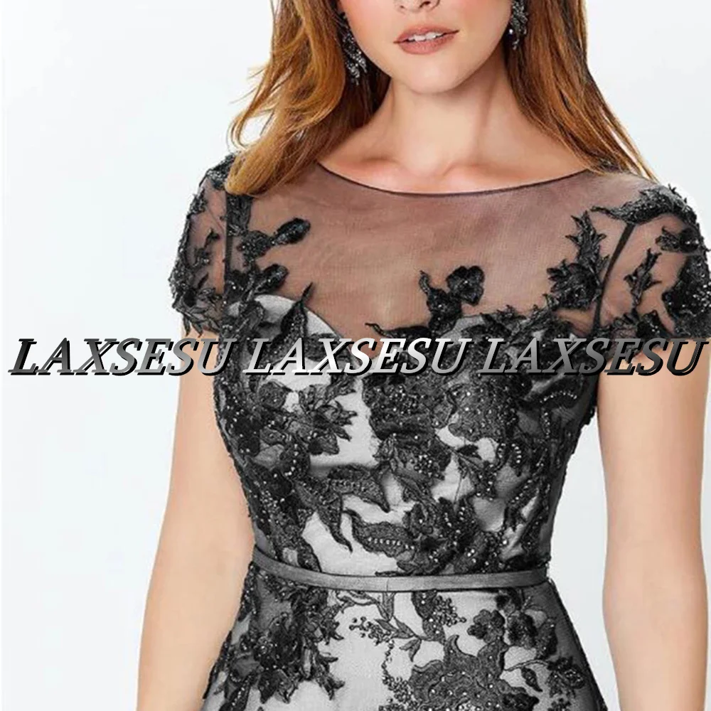 Laxsesu Black Mermaid Mother Of The Bride Dresses Cap Sleeves Tulle Wedding Gowns 2022 Appliques Beaded Wedding Guest Gown