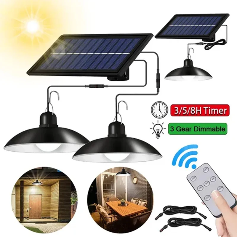 Solar Pendant Light Outdoor Waterproof LED Lamp Double-head Chandelier Decorations with Remote Control for Indoor Shed Barn Room