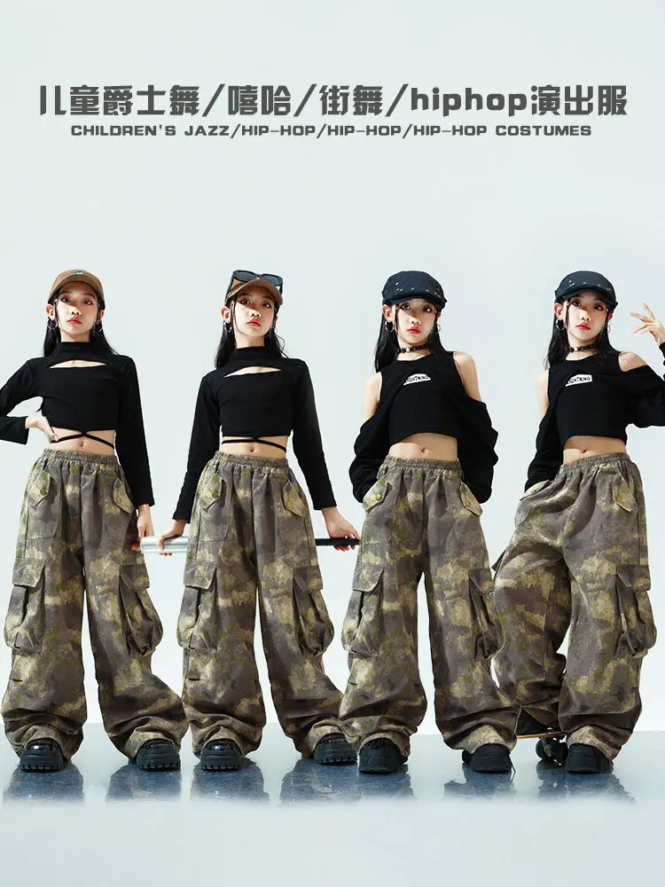 Hip-hop Jazz Dance Wear Kids K-pop Stage Outfits Girl Clothes Long Sleeve Exposed Navel Black Top Loose Pants Performance Suit