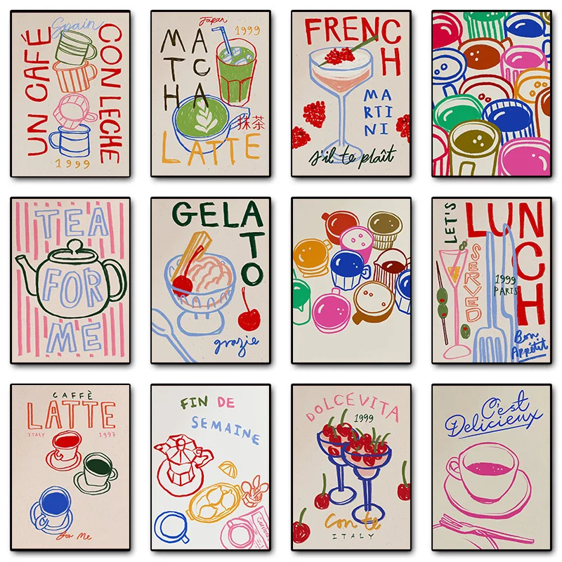 Coffee Mugs Matcha Latte Kitchen French Martini Cocktail Poster Print Wall Art Pictures Canvas Painting Room Home Decor Gift