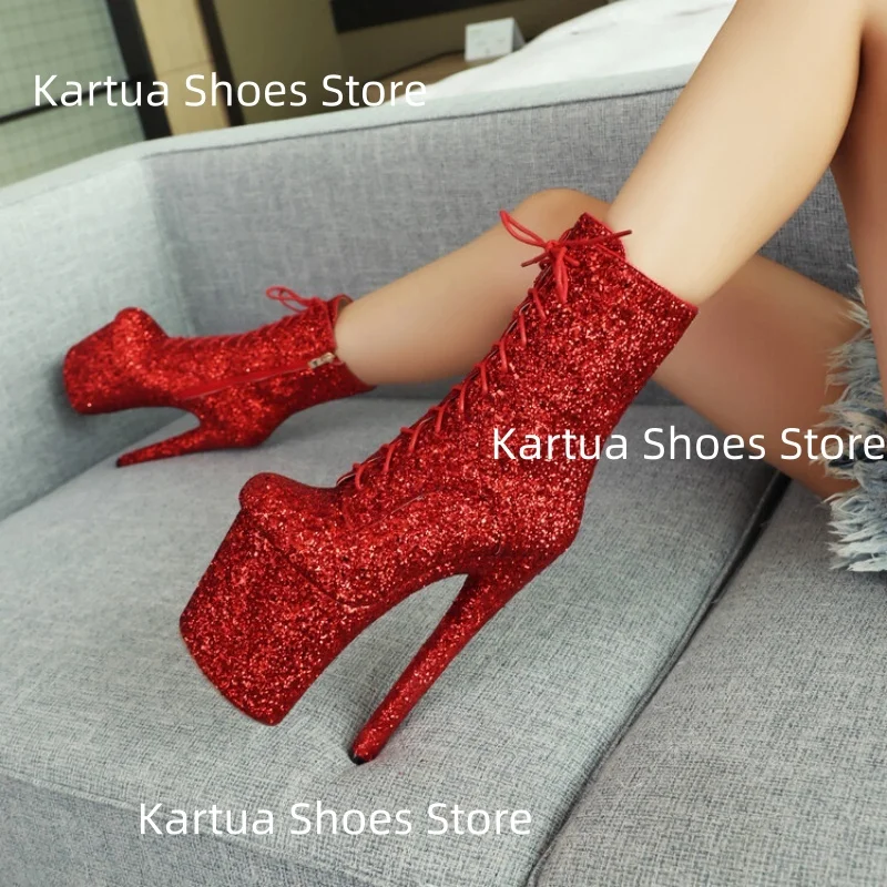 Women Glitter Ankle Boots Lace-Up Detail Design Stiletto Platform Heel Side Zipper Nightlife Glamorous Casual Ladies Short Botas