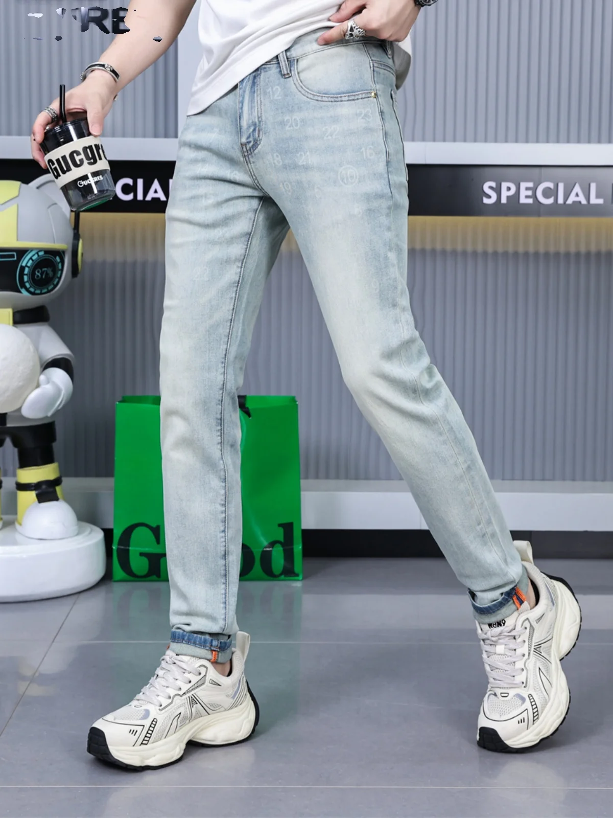 

Summer New Men's Slim Fit Jeans Elastic Waed out Vintage Light Colored Long Pants Cotton Stretch Denim Casual Wear Resistant
