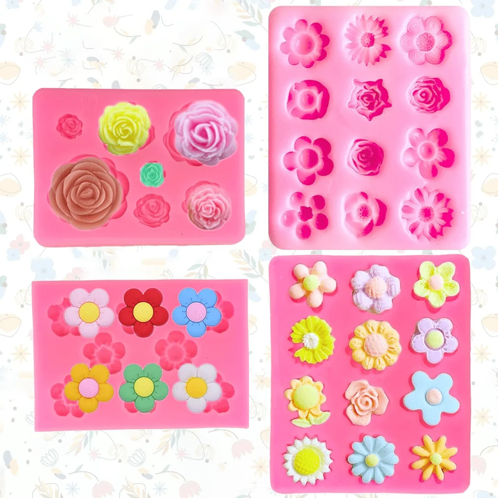 4Pcs Daisy Flower Silicone Molds Rose Chrysanthemum Silicone Molds Small Flower Shapes Fondant Cake Chocolate Molds