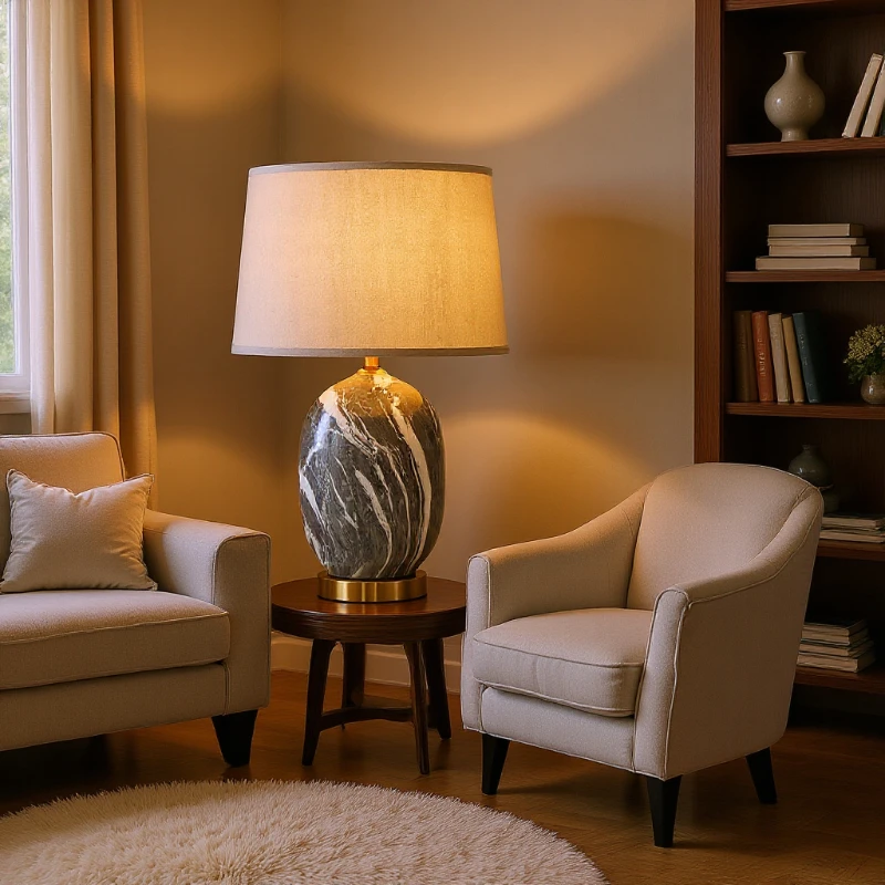 

American Iron Base Ceramics Table Lamp Rotundity Linen Fabric Lampshade Living Room Bedroom Restaurant Reading Office Desk Light