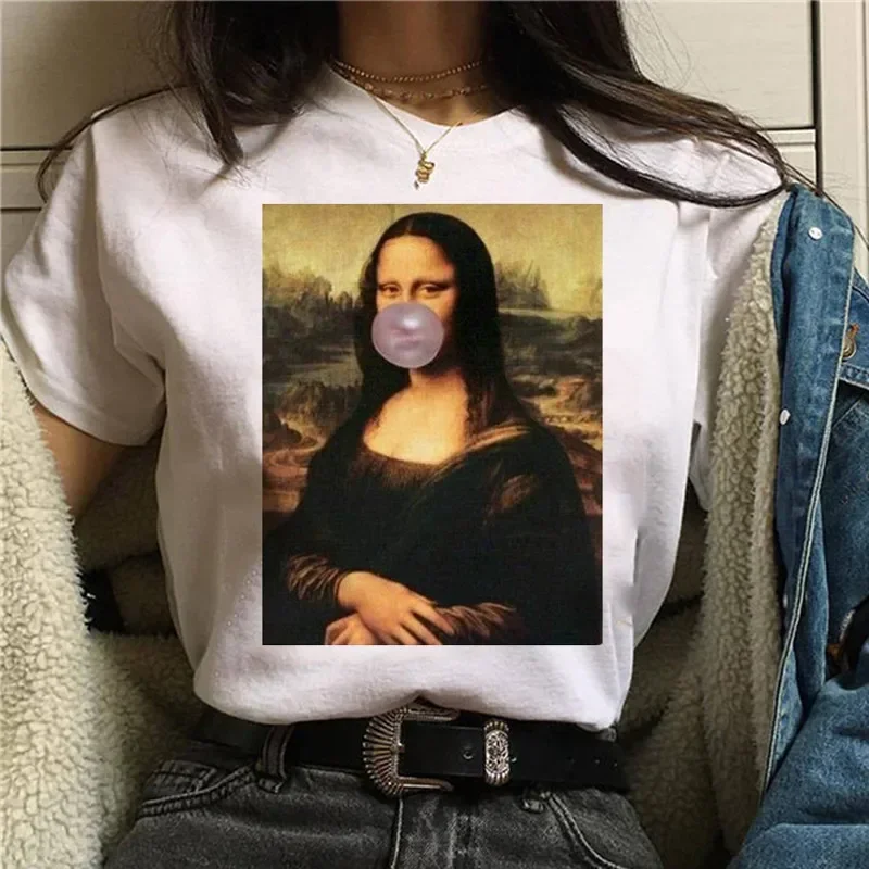 Mona Lisa Print Harajuku T Shirt Women Grunge Funny White tshirt Ullzang Vintage 90s Tshirt New Fashion Top Tees Female