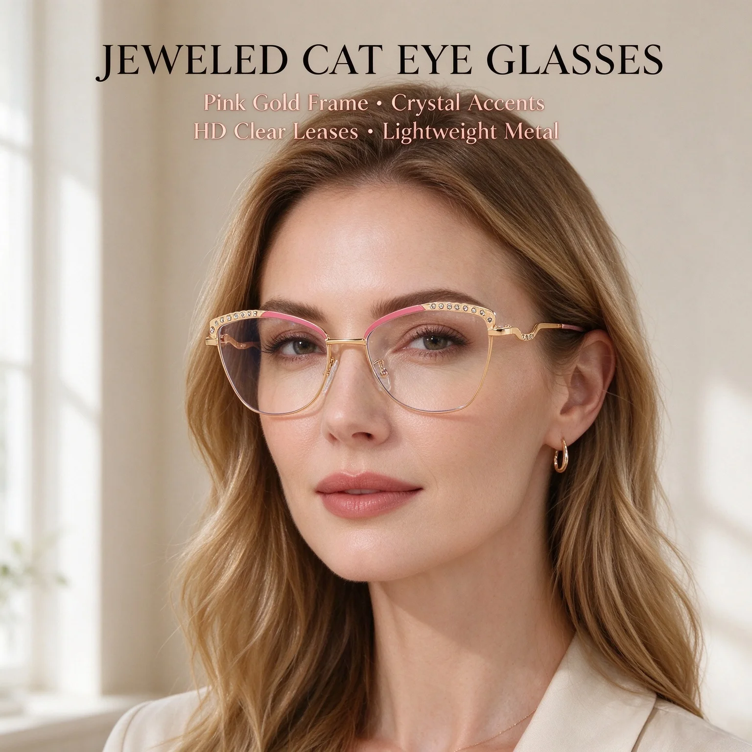 Trendy Color-Changing Anti-Blue Light Glasses for Women, Fashionable Flat Glasses with Rhinestones