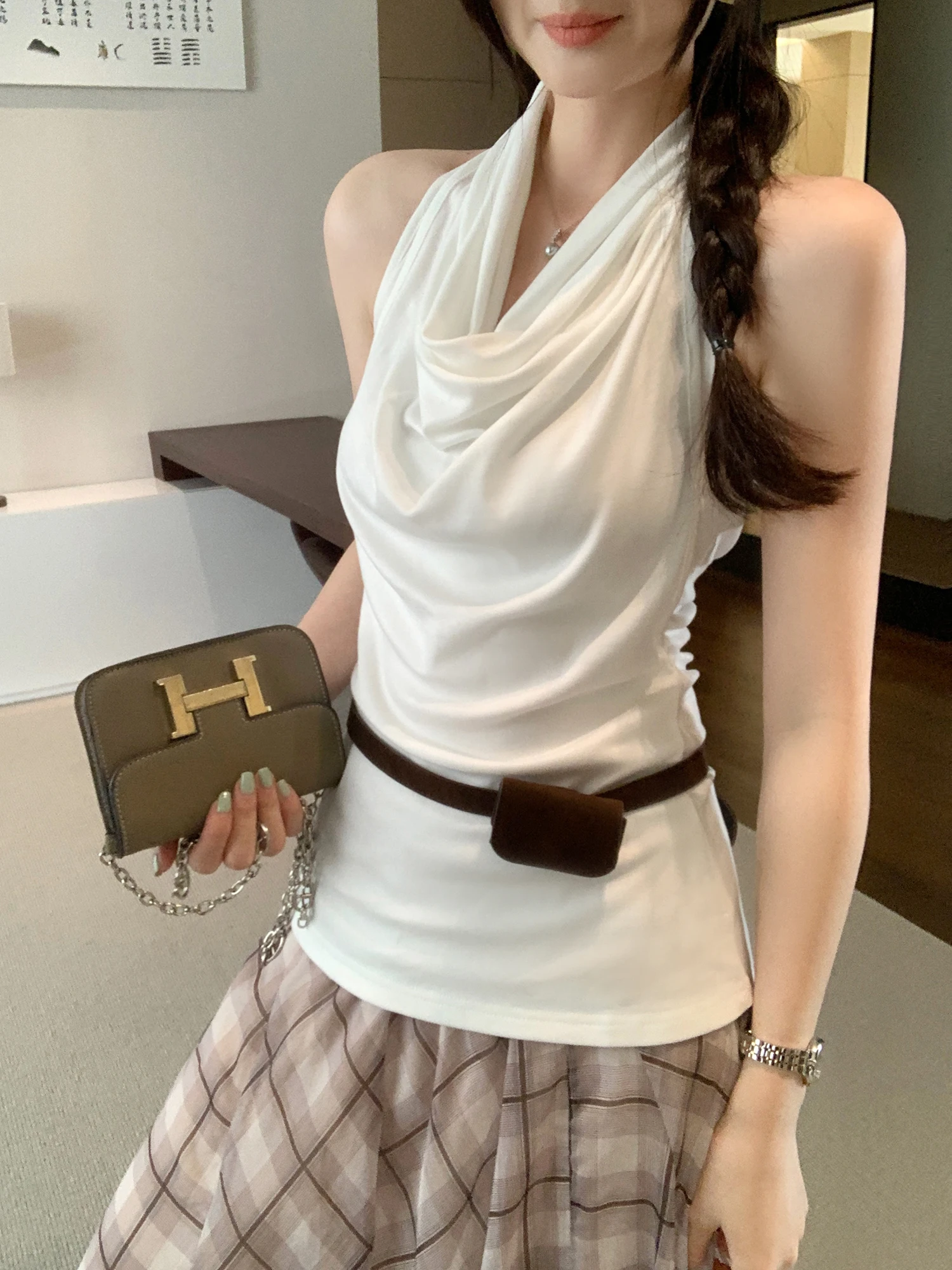 Lace Collar Ruched Tank Top Women's Summer Outfit Sleeveless Vest Hang Neck Design  Fabric Loose Fit Short Style Outerwear