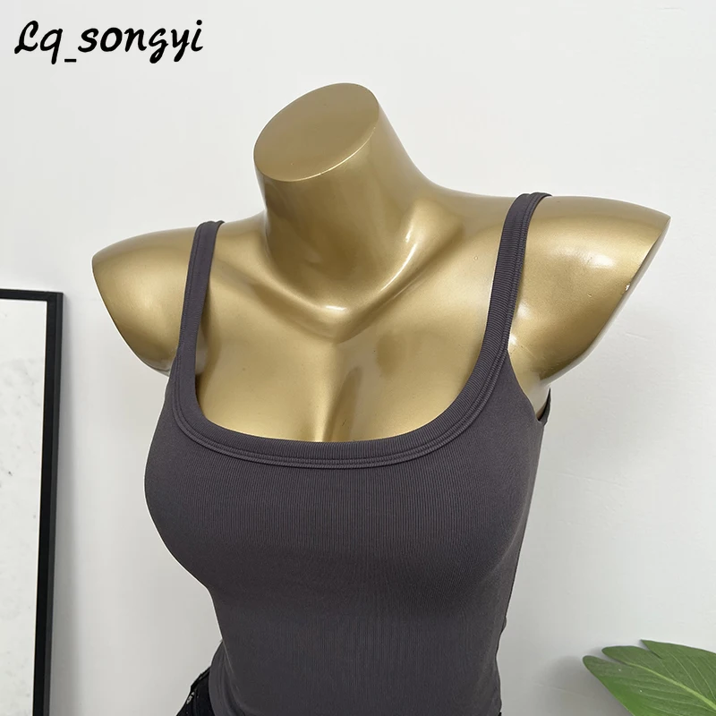 

Lq_songyi with Chest Pads ! Square Neck Camis Women Spaghetti Strap Solid Tops Solid Basic Camisole Slim Sleeveless Top