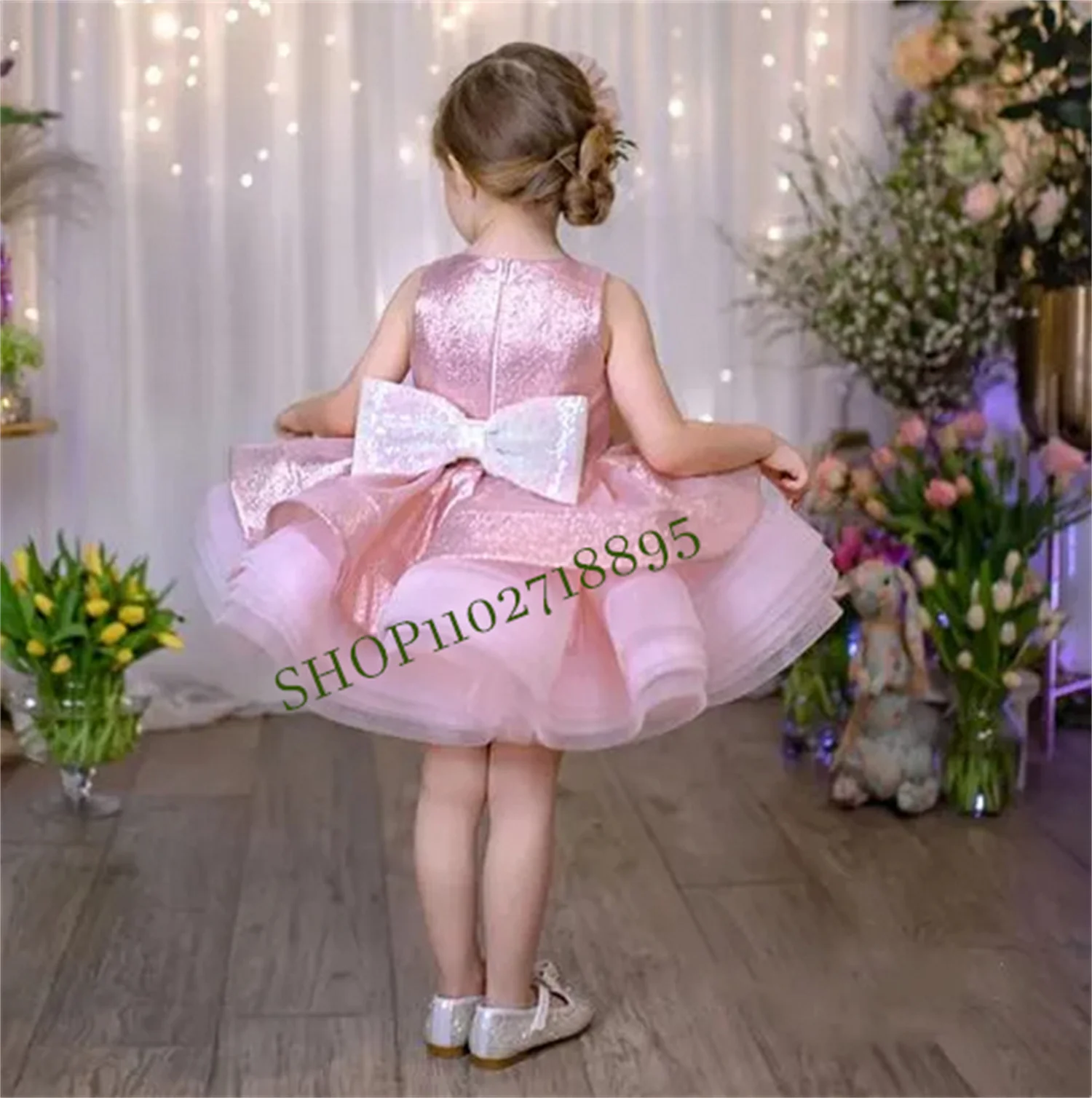 

Pink Satin Baby Girl Dress Sequin Bow Cotton Lining Full Fluffy Skirt Flower Girl Dress Infant Toddler Tutu Birthday Gown