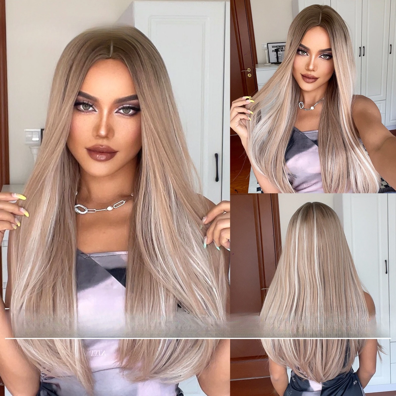 

Wig female medium point gradual change highlights brown long straight hair fluffy natural full head cover