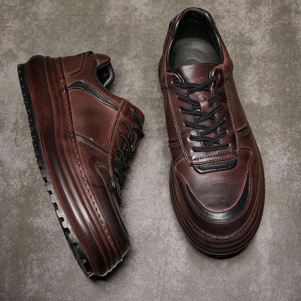 Handmade Cow Leather Retro Skater Shoes Thick Sole Fashion Lightweight Men Casual Shoes Outdoor Luxury Hiking Sneakers