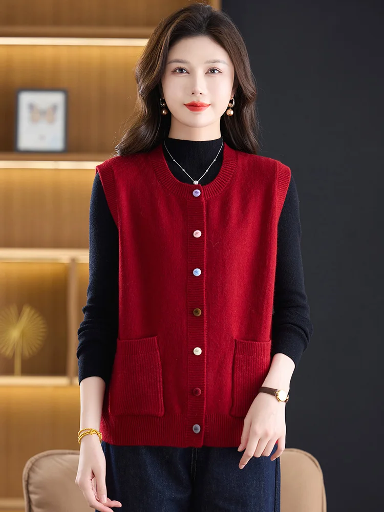 

Hengyuanxiang Commuter Sle Wool Knitted Vest Women's round Ne Svel Button Cardigan Versatile Slimming Top
