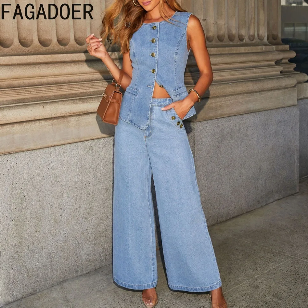 FAGADOER Fashion Denim Two Piece Set For Women Sleeveless Buttons Patchwork Slim Jacket And High Waist Wide Leg Jeans Outfit