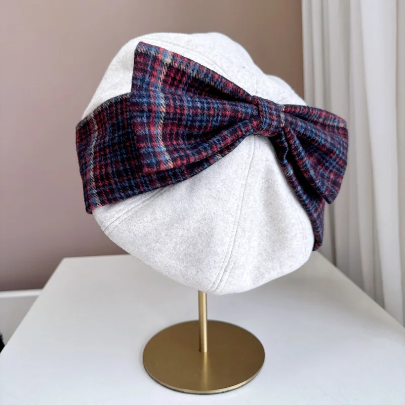 Bow Cloth Beret Hat Women's Autumn Winter Warm Painter Hat English Plaid Stewardess Hat Fashion Hat KJ20241089