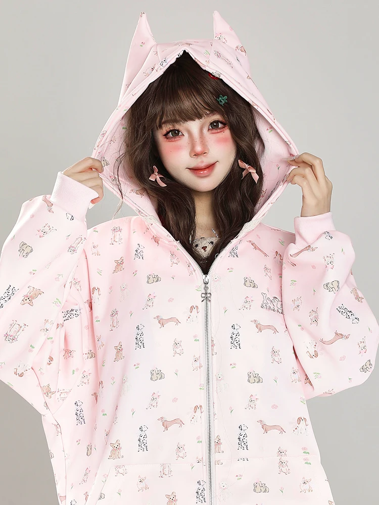 Fashion Streetwear Cute Cartoon Printed Embroidered Long Sleeve Ears Hooded Zip Up Hoodies Casual Loose Sweatshirts Women Autumn