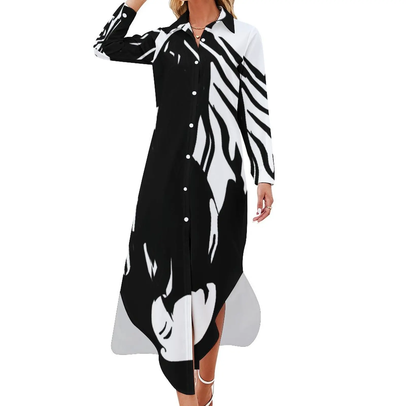 

Black and White Horse Silhouette Long Sleeved Shirt Dress purple dress dress for women