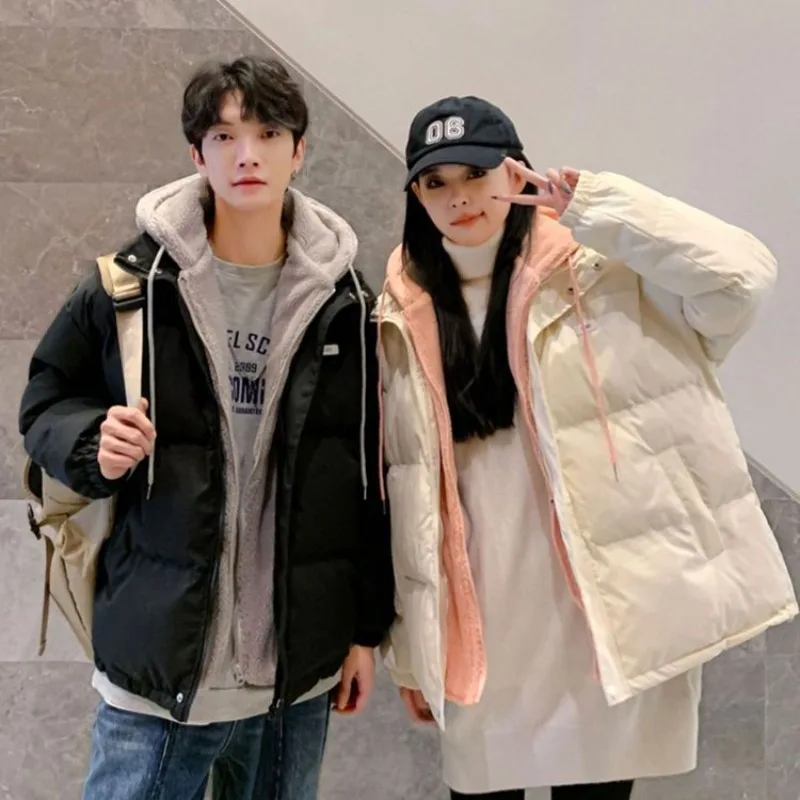 Ropa de pareja 2026, chaqueta acolchada con capucha de lana de cordero empalmada falsa de dos piezas, chaqueta cálida gruesa holgada, Parkas simples para ir al trabajo