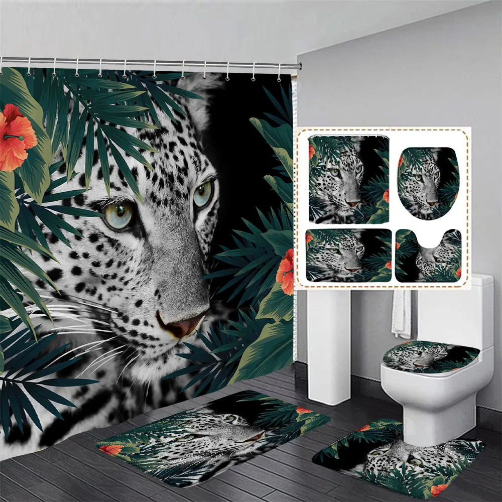 Juego de cortinas y alfombras de ducha de tigre, cortinas de ducha de hojas de palma tropicales botánicas, felpudo para baño, decoración de baño