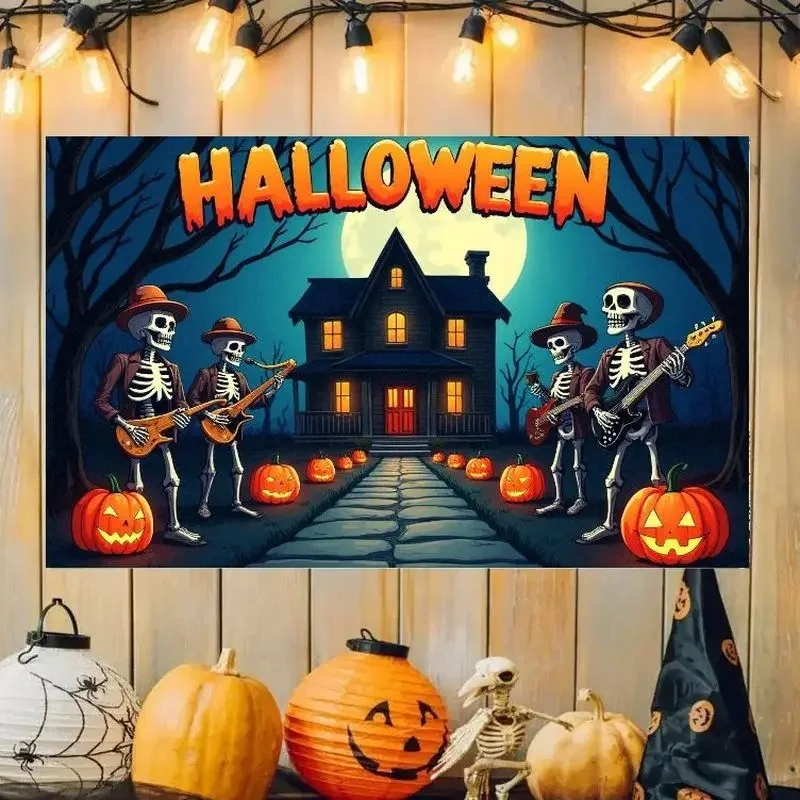 VIKAMA Happy Halloween Tapestry Cartoon Pumpkin With Witch Hat Ghost Bat Spooky Haunted House Wall Hanging Party Dorm Bedroom De