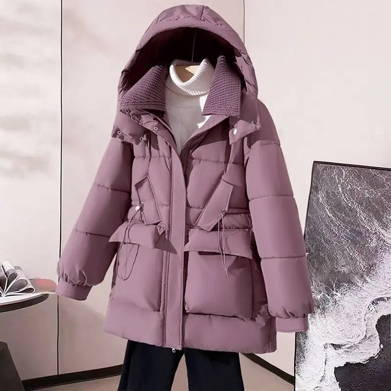 2025 겨울 신상 니트 칼라 스플라이싱 솔리드 컬러 허리 슬림 두꺼운 면 재킷 여성용