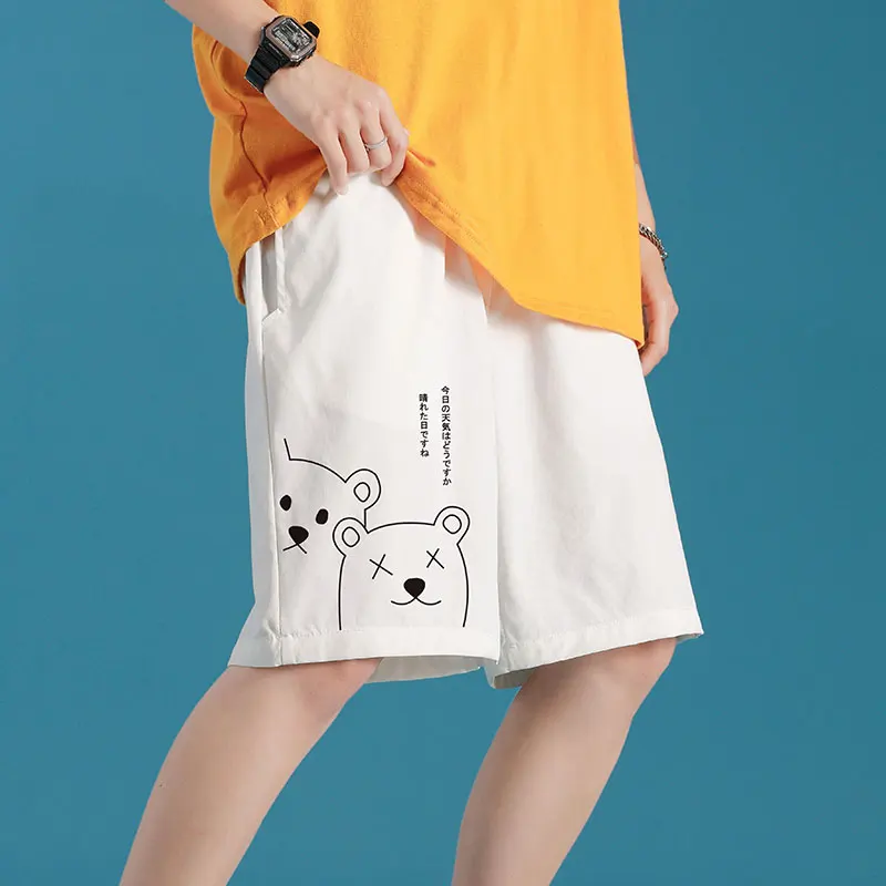 

Мужские летние повседневные брюки с мультяшным принтом медведя, свободные, прямого кроя, длиной до колена, для активного отдыха, молодежный модный бренд