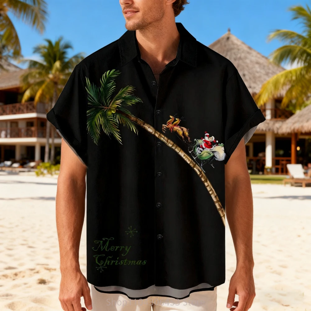 Men's Christmas Cartoon Animal 3D Printed Shirt Short-sleeved Lapel Family Party Hawaii Beach Vacation Casual Outdoor Shirt Top