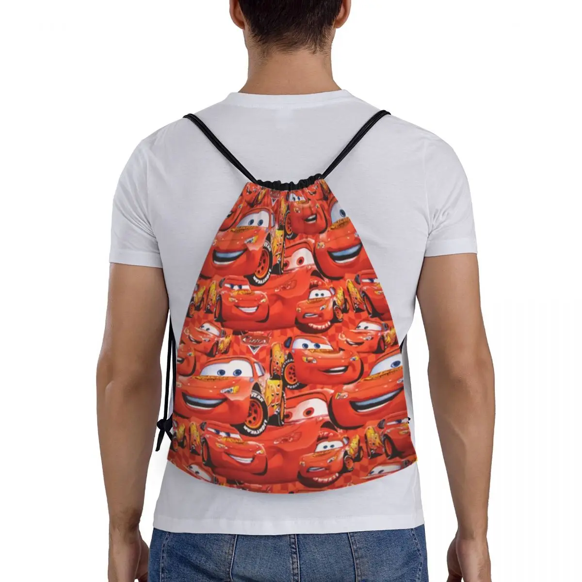 Saco de cordão personalizado Lightning McQueen Car Collage para homens e mulheres, mochila de armazenamento leve Sports Gym