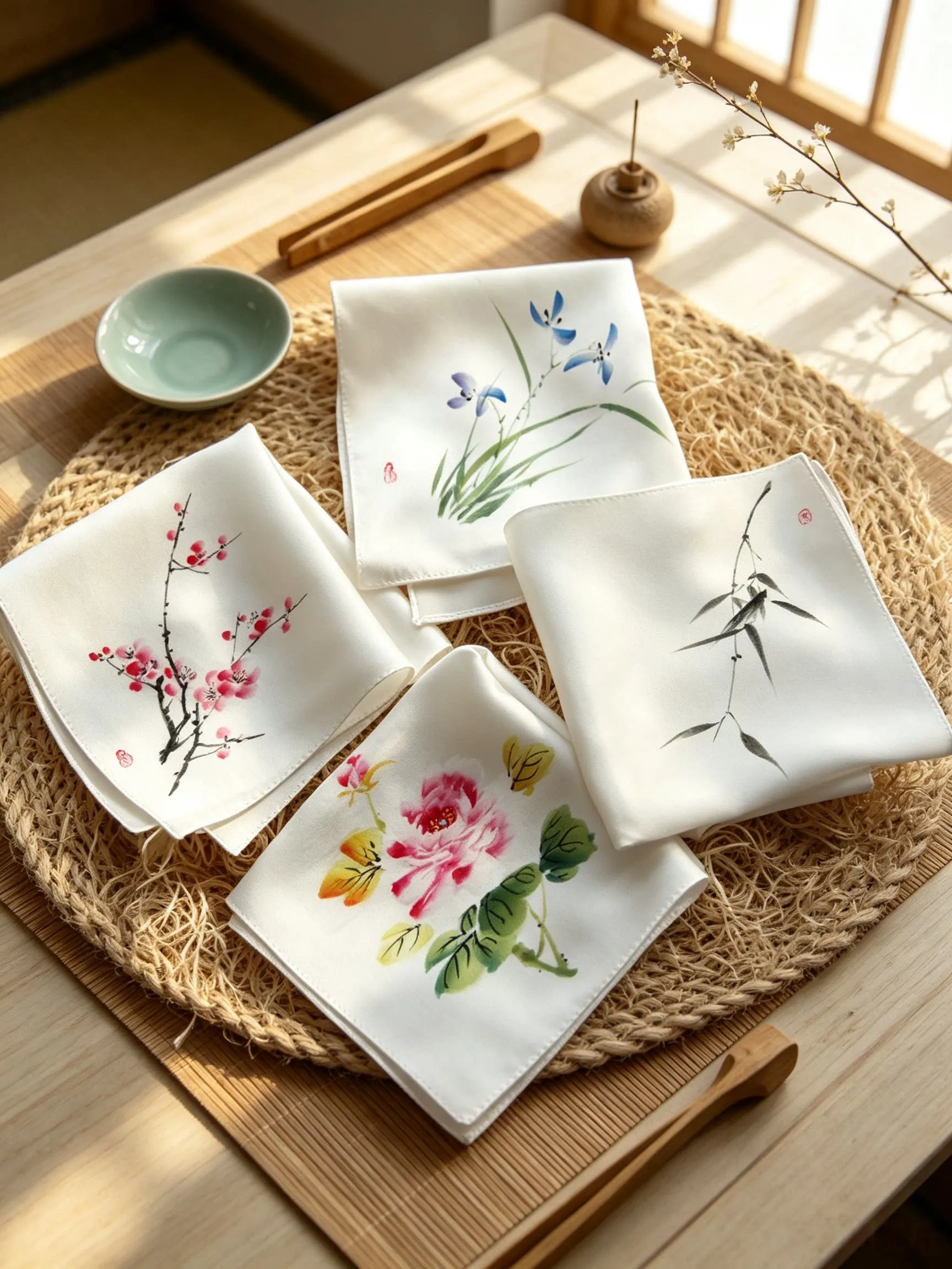 Chinese Style Hand Painted Plum Orchid Bamboo Peony 100 Percent Cashmere Absorbent Square Handkerchief Hanfu Matching Accessory
