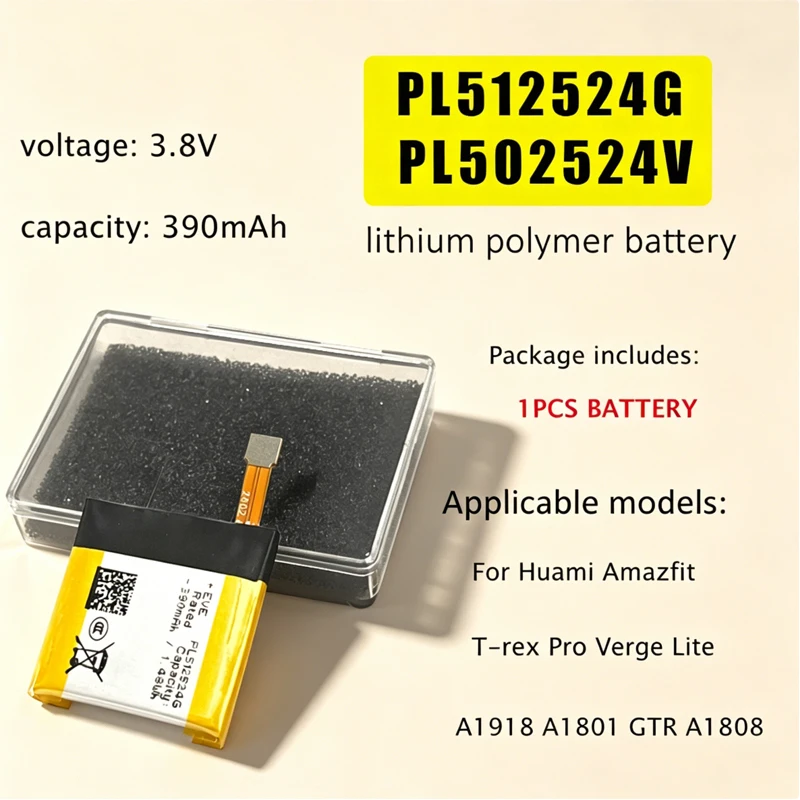 Batería de repuesto 390mAh PL512524G PL502524V para Huami Amazfit T-rex Verge Lite A1918 A1801 A1808, batería para smartwatch