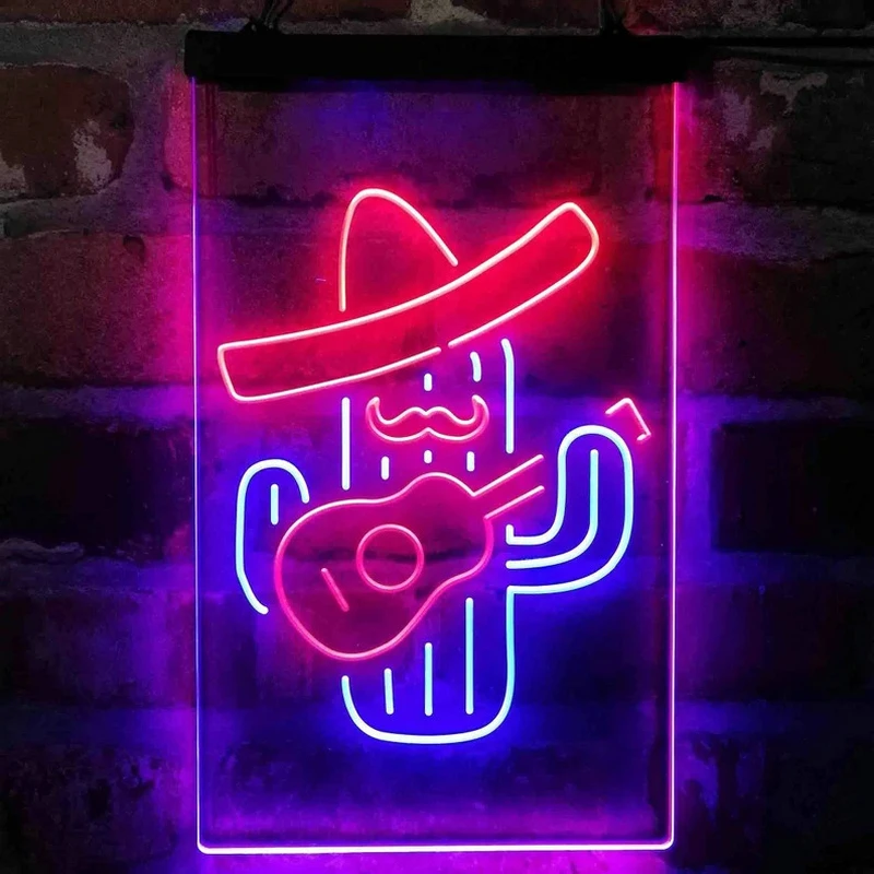 Custom Neon Sign Cactus Wearing Sombrero Playing Guitar Hanging Light  Dual Color LED Light Kawaii Room Decor Wall Art Gifts