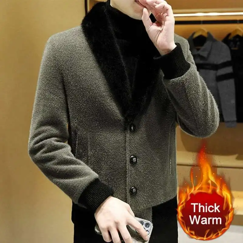 Winter Style Plush Thick Golden Mink Jacket Long Slim Woolen Coat Jacket Casual Social Overcoat Windbreaker Men Jackets Clothing