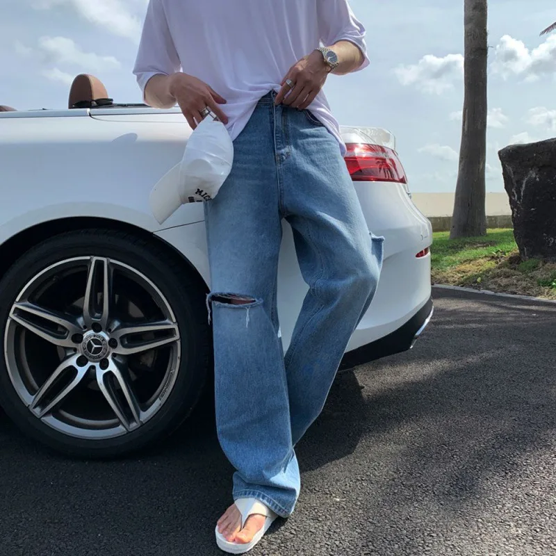 

2025 летние новые модные мужские синие свободные широкие брюки с заплатками, прямые повседневные модные джинсы, брюки, мужские джинсовые брюки, уличная одежда