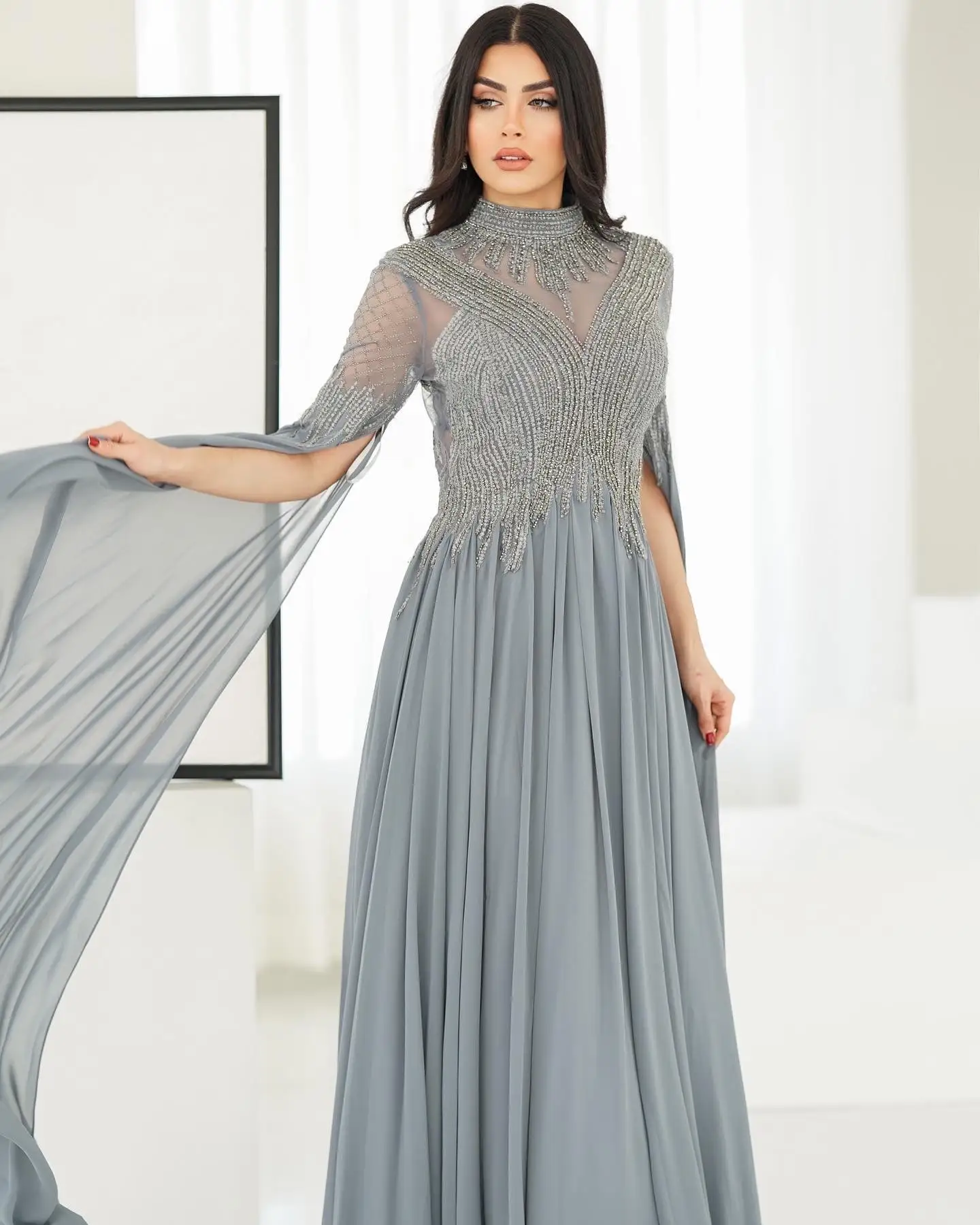 

Linyang Grey High Collar Arabic Evening Dress Beaded A Line Elegant Dubai Women Wedding Party Gowns with Cape Sleeves