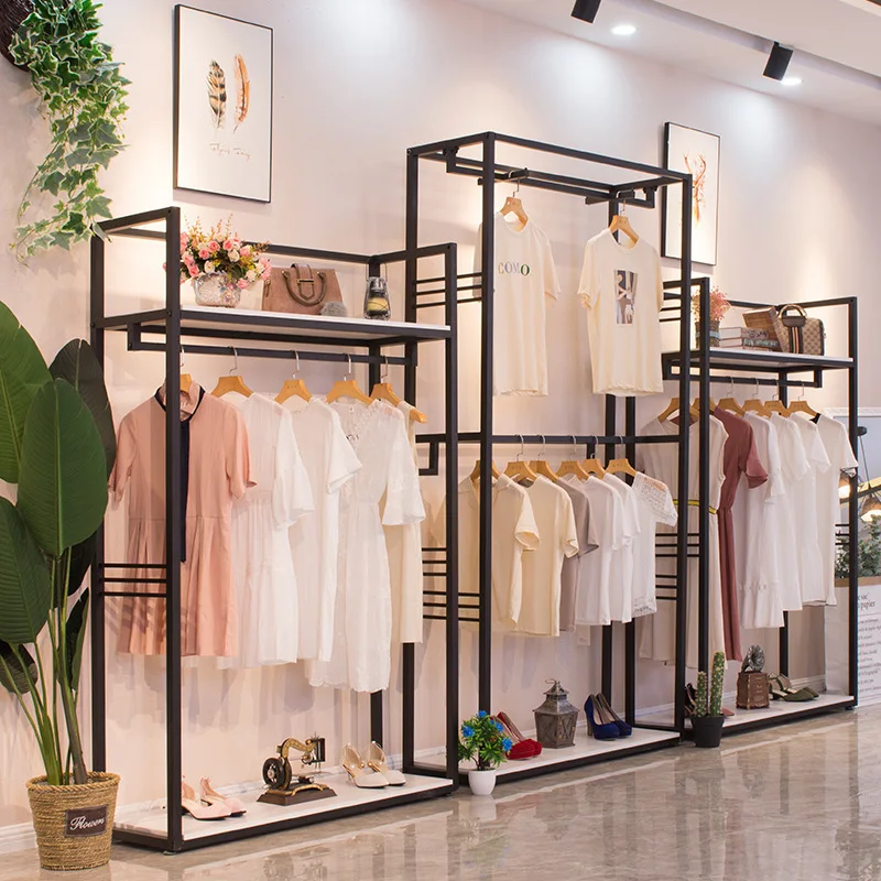 

Display stand Double-layer wrought iron solid wood clothing rack Floor-to-ceiling men's and women's clothing goods