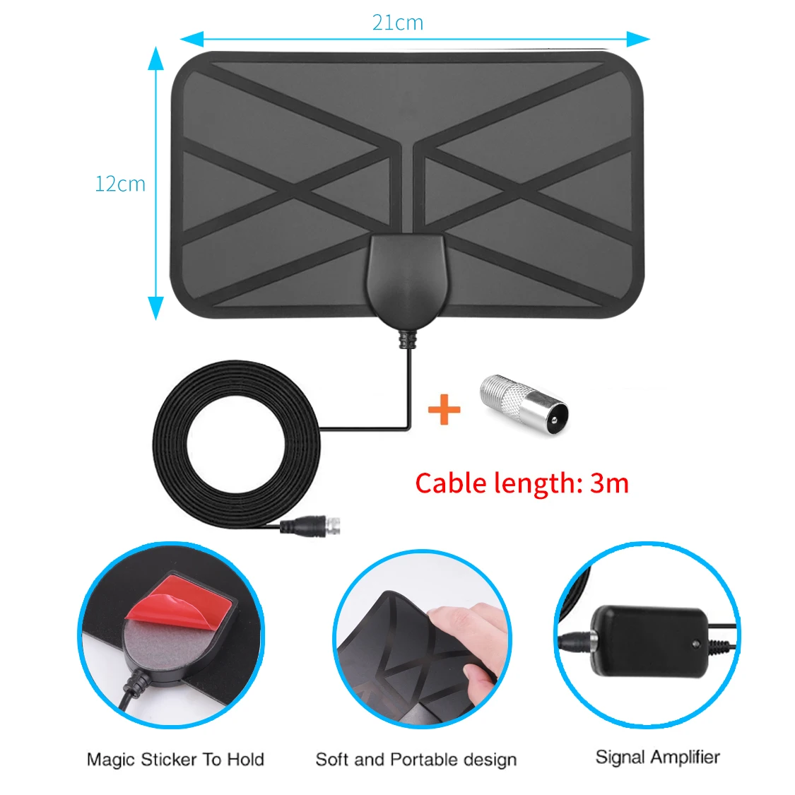 Antena de TV Digital de alta ganancia, amplificador de 3000 millas, 4K, 8K, 25dB, HD, para interior activo, diseño plano HD para DVB-T2