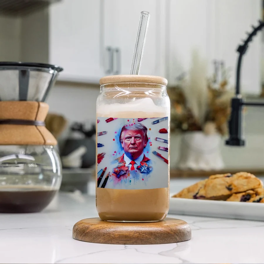 1pc Trump Abstract Pattern 3d Printed 16oz Glass Can Soda Cup With Lid&Straw Iced Coffee Juice Cup Friendsmas Gift Unique Gift