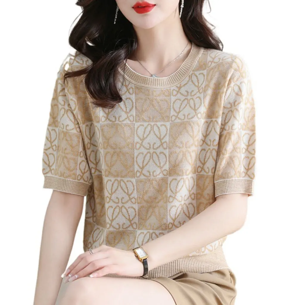 

Женская летняя классическая футболка, свободный тонкий топ в западном стиле, трикотажная новая маленькая рубашка из ледяного шелка с короткими рукавами