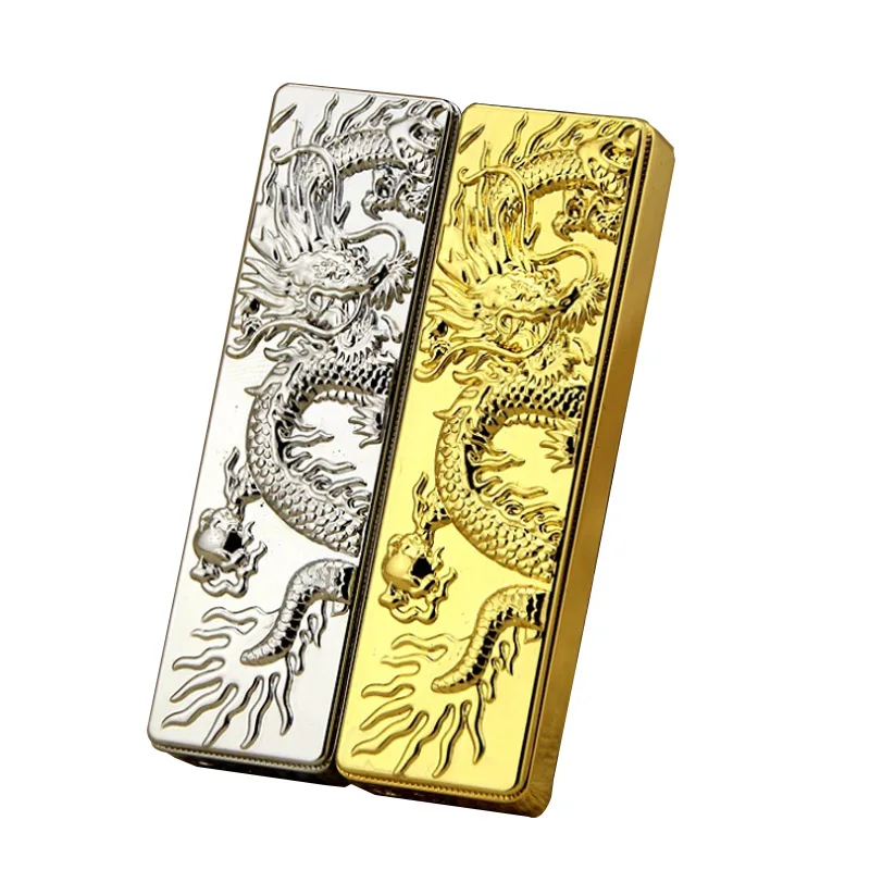 2023 New Metal Embossed Dragon Direct Charge Windproof Lighter Personalized Gold Bar Shape Inflatable Lighter Smoking Tool