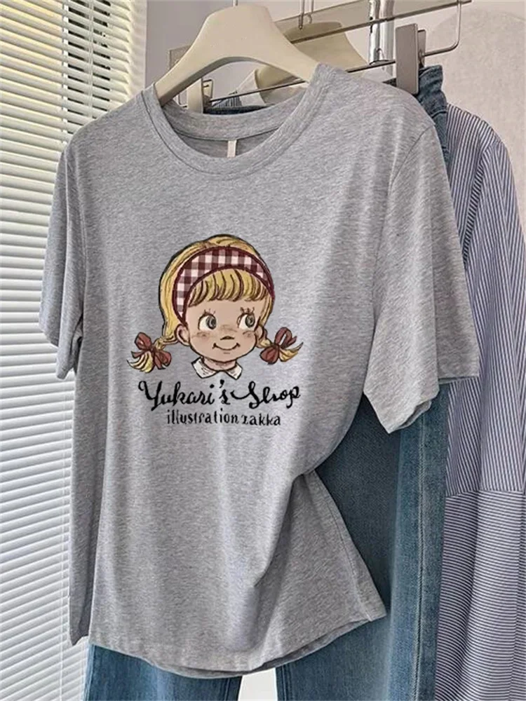 

American Sle Creative Fun Girl Print ort Sve T-irt ex Summer Korean Version Age Reduction Versatile Design Top