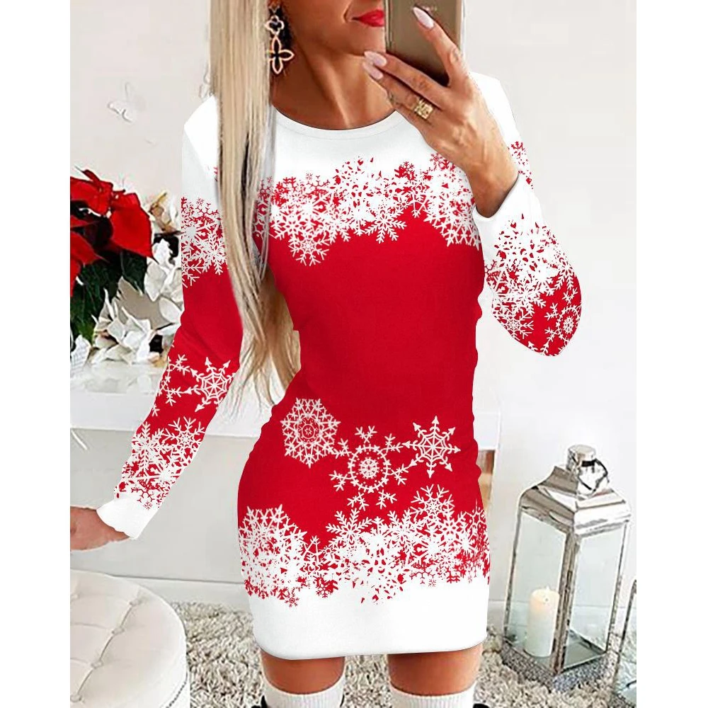 

Women Christmas Snowflake Print Long Sleeve Bodycon Dress 2022 Femme Long Sleeve Skinny Party Robe Sexy Lady Club Clothing traf