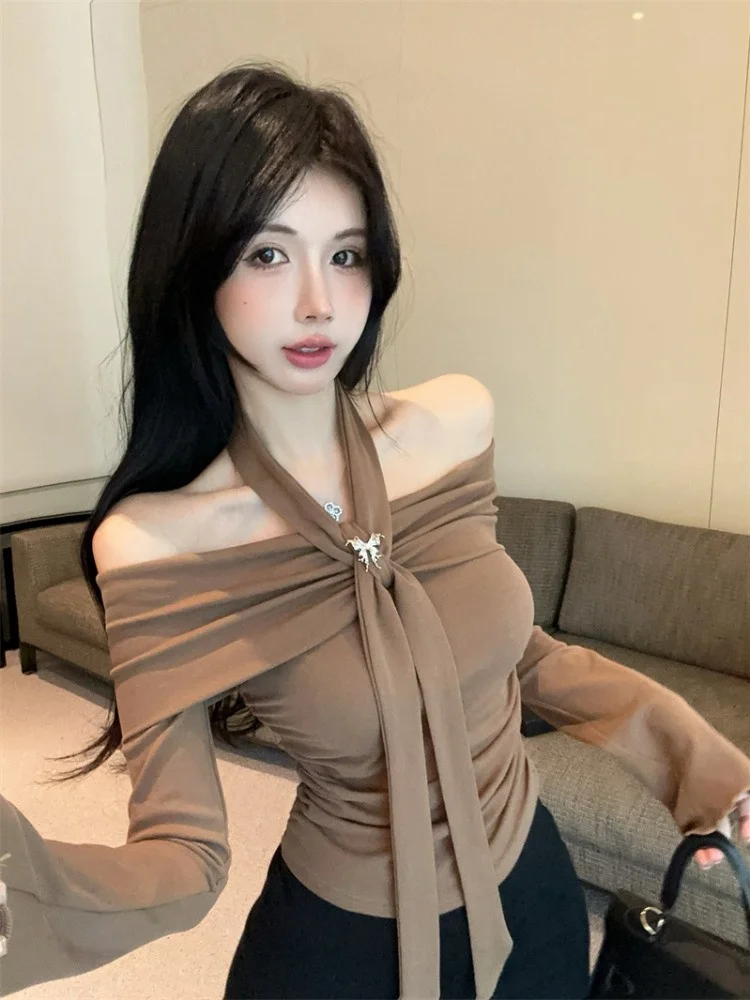 

Pure Desire Spicy Girl Neck Hanging One Shoulder Long Sleeve T-Shirt Women's Autumn New Style Elegantly Slimming Base Top
