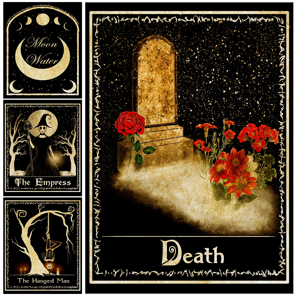 Moon Water Witchcraft Potion And Death Tarot Card Vintage Wall Art Canvas Painting Gothic Witchcraft Divination Poster Print