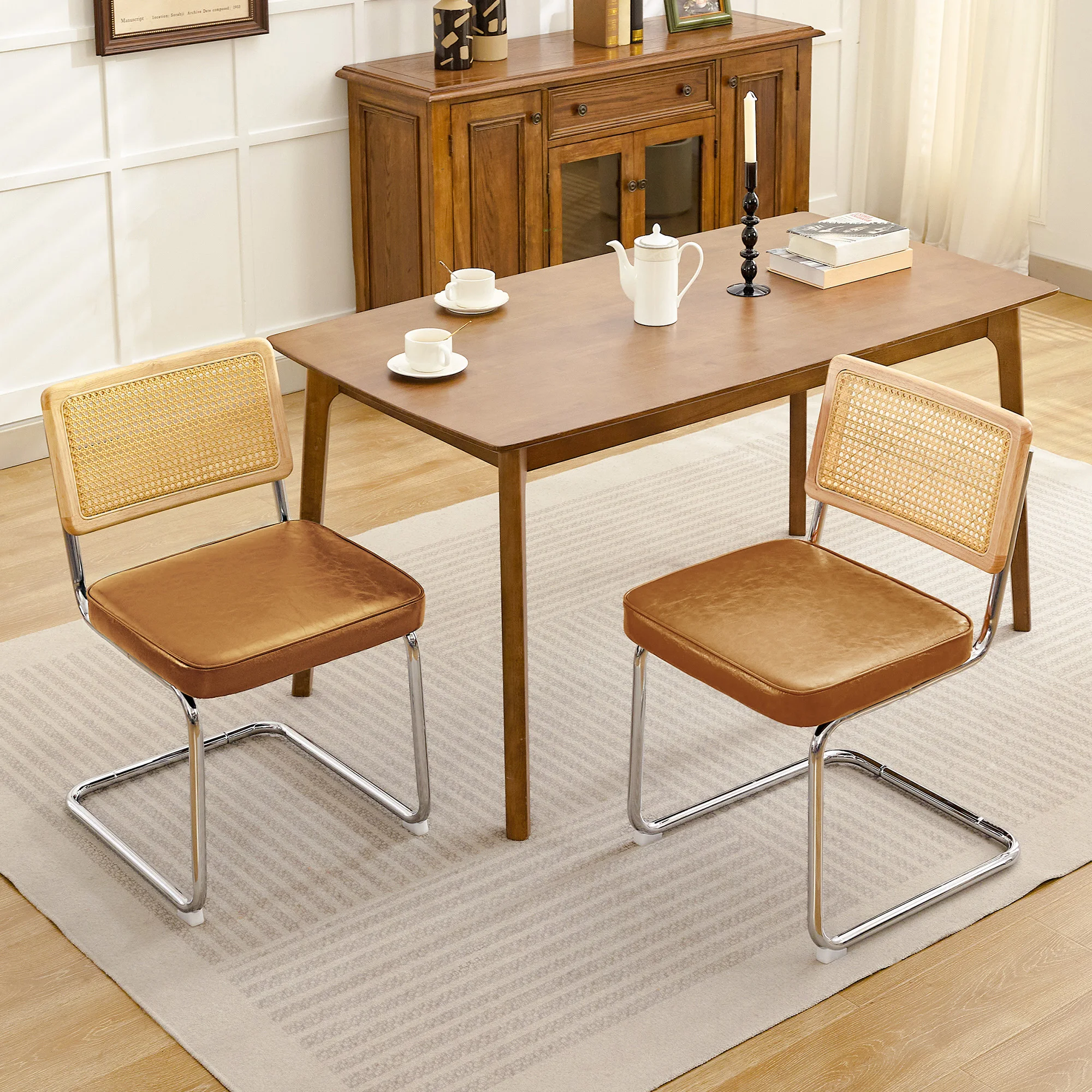 KERDOM Rattan Dining Chairs Set of 2, Mid-Century Dining Room Chairs with PU Upholstered Seat & Chrome Cantilever Frame, Kitchen & Dining Room Chairs, Natural Natural Rattan, 300lbs, Green