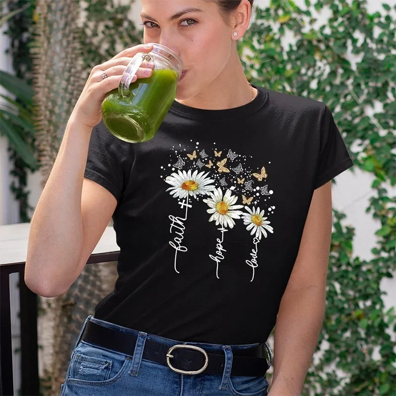 

Short Sleeve Casual Summer T-shirts Femme Chrysanthemum Butterfly Print Women T-shirt Graphic Tee Shirt Lady Casual Streetwear