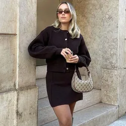 YENKYE 2025 Women Single Breasted Knit Cardigan Long Sleeve O Neck With Pockets Spring Jacket  Female Elegant Brown Coat