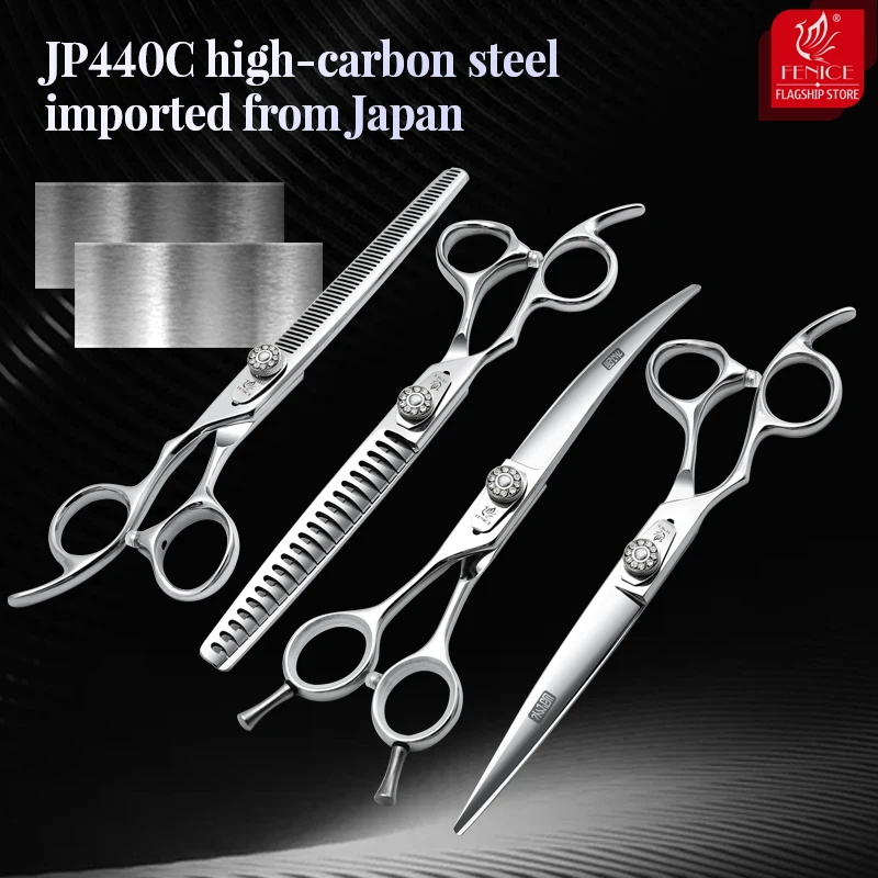 Fenice JP440C Left Hand 7 Inch Professional Pet Scissors Set Dog Grooming Kits Scissors Straight Curved Chunker Thinner Shears