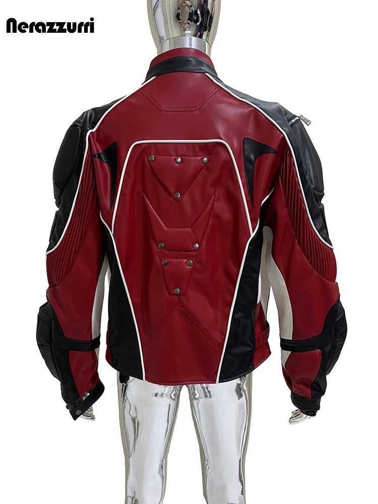 Nerazzurri Autumn Winter Short Color Block Pu Leather Racer Jacket Men Shoulder Pads Rivet Zipper Luxury Designer Clothes 2025