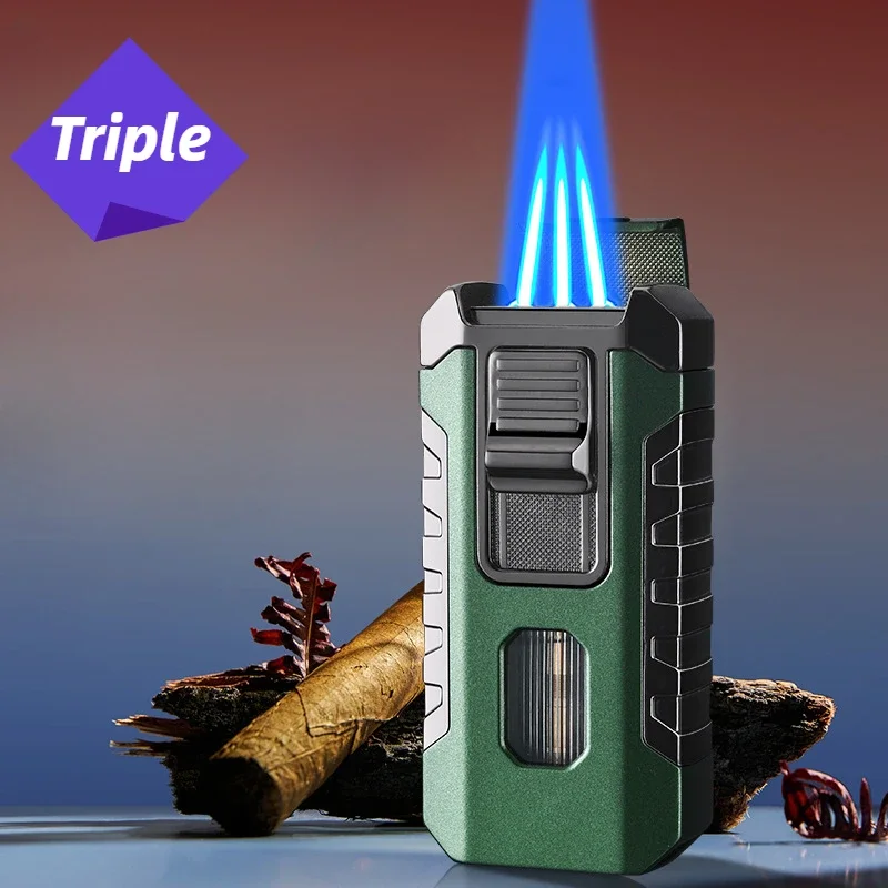 2025 Triple Metal lighter Large Capacity Visible Gas Compartment Lighter Blue Flame Jet Cigar Tool Windproof USB Turbine