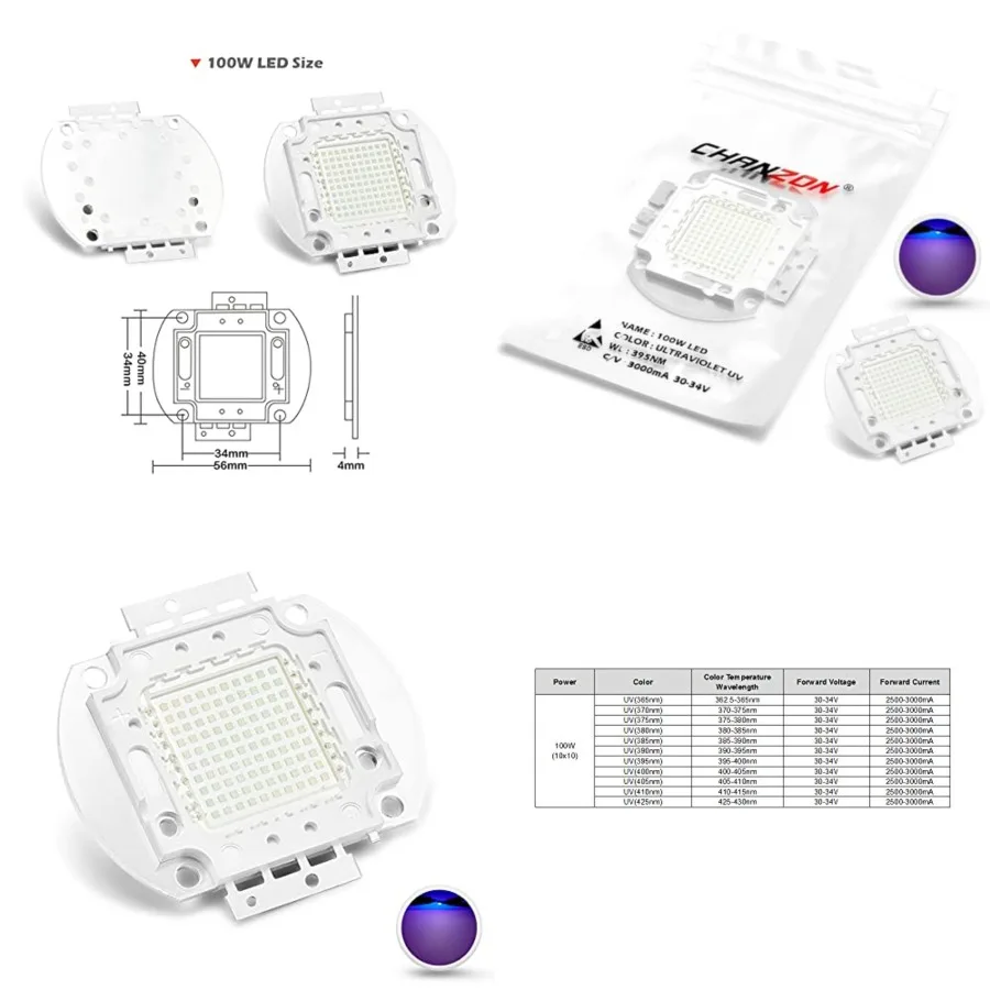 High Power Led Chip 100W Purple Ultraviolet UV 395nm/ 3000mA/ DC 30V - 34V/ 100 Watt SMD COB Light Emitter Components Diode 100