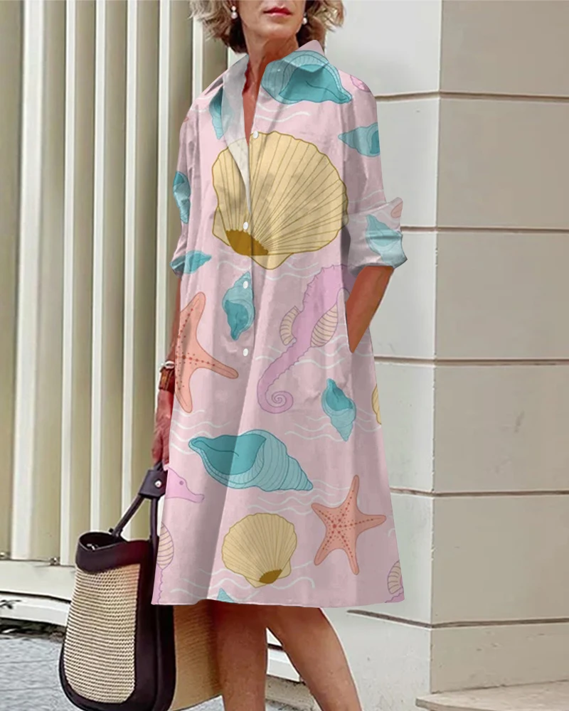 Women's Lapel Long-Sleeved Shirt Dress Knee-Length Skirt Sea Creature Print Breathable And Comfortable Spring And Summer